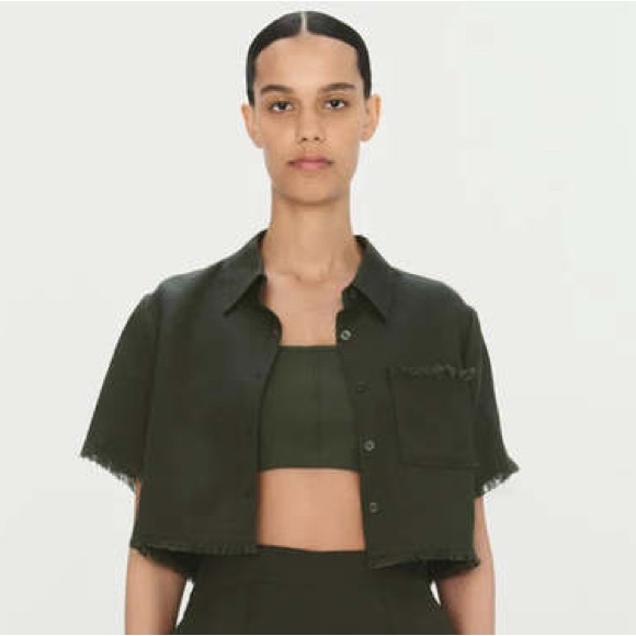 Simkhai Tops - Simkhai Solange Army Green Cover Up Short Sleeve Button Down Top EUC Size XS